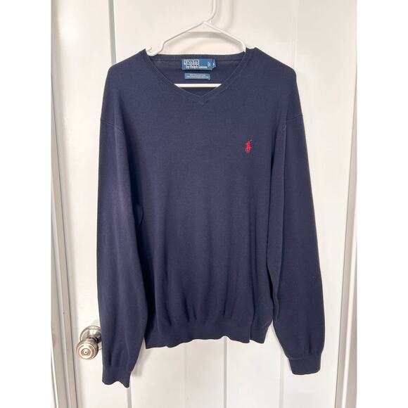 Vintage Polo by Ralph Lauren Men's Pima Cotton V Neck Sweater Logo Blue Size XL - Picture 2 of 7